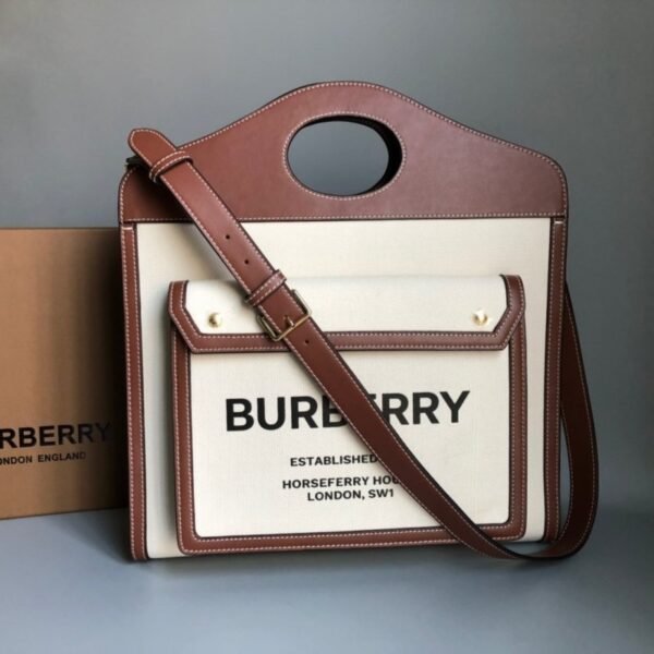 80393621 Burberry Medium Two-tone Canvas and Leather Pocket Bag Burberry Tote Bag Brown - 图片 8