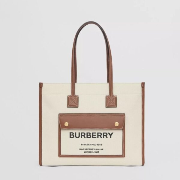 80441381 Burberry Small Two-tone Canvas and Leather Freya Tote Bag Burberry Women’s Bag Brown